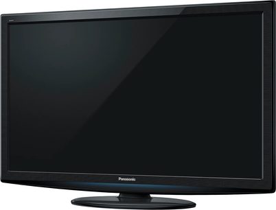 Panasonic TX-LF42S20 sort fladskærms-tv set forfra, slukket, på sort baggrund