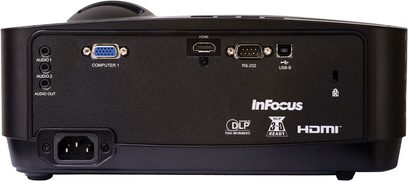 InFocus ScreenPlay SP1080 sort videoprojektor, bagudvendt, med HDMI-, RS-232-, USB-B-, lyd- og strømtilslutninger