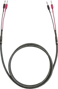 Luidsprekerkabel HP 101 Speaker 2 x 3,5m, bovenaanzicht, grijze mantel, rode en zwarte banaanstekkers, witte bedrukte tekst
