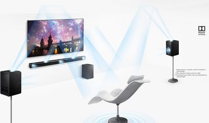 Samsung HW-K950 sort soundbar, 2 sorte højttalere, hvid lænestol, TV-skærm viser fyrværkeri over slot