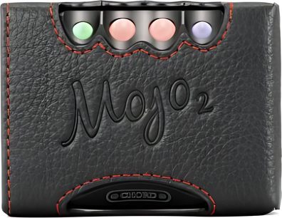 Husă din piele neagră Chord Electronics Mojo 2 cu 4 butoane colorate și cusături roșii, vedere frontală