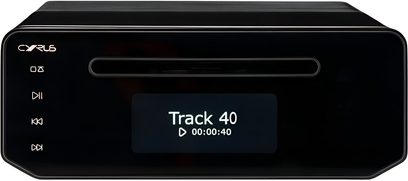 Cyrus 40 CD player in black metal, front view, slot-loading, screen 'Track 40', touch buttons on the left