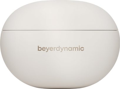 Kremfarget ovalt ladeetui i matt plast, med beyerdynamic-logo og sentrert LED-indikator, for trådløse Beyerdynamic Amiron 100-hodetelefoner, forsidevisning