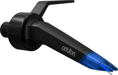 Bunka pro gramofonové desky DJ Ortofon Concorde Music Blue, černé tělo, modrá jehla, pohled z pravého předního tříčtvrtečního úhlu