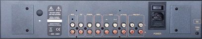 Przedwzmacniacz stereo Atoll Electronique PR300SE w kolorze srebrnym, widok od tyłu, złącza i regulacja dźwięku, przełącznik zasilania