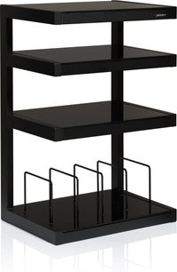 Hi-Fi møbel Norstone Design Esse HiFi sort blank, set fra trekvart vinkel, 4 rektangulære hylder, lodrette støtter