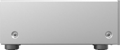 Integrert stereoforsterker Onkyo ICON A-50, sølvfarget metallchassis, sidevisning, glatt panel med to skruer og to føtter