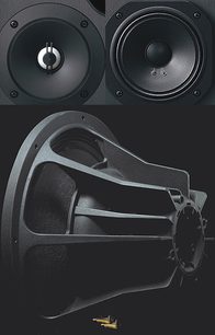 JBL 4312 EBK sort bogreolhøjttaler, set forfra og fra siden, med højttalere, diskant og horn