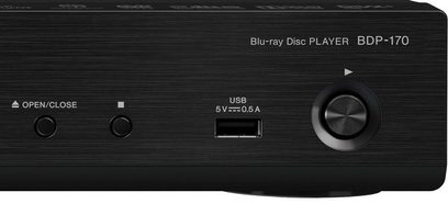 Pioneer BDP-170 sort Blu-ray-afspiller, set forfra, med synlige USB-porte og Open/Close-knap