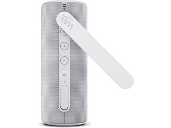 Bærbar Bluetooth-højttaler Loewe We. HEAR 2 lysegrå, set forfra, cylinderformet med integreret rem