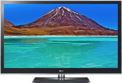 LG 60PZ950S fladskærms-TV, der viser et bjerglandskab med en turkisblå sø i forgrunden