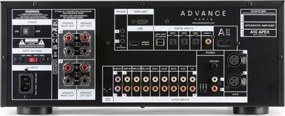 Integrovaný hi-fi zesilovač Advance Paris A10 Apex, černý kov, zadní pohled s výstupy pro reproduktory A/B, vstupy RCA/XLR, USB, HDMI eARC