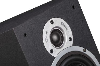 Reproduktor Davis Acoustics Atmosphere černý, detailní pohled zepředu na výškový a basový reproduktor, černá matná skříň