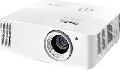 Proyector Optoma UHD35 blanco, vista frontal y tres cuartos, lente centrada, rejillas de ventilación laterales