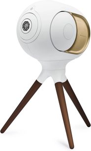 Λευκό ξύλινο τρίποδο βάθρο ηχείου DEVIALET TREEPOD, μπροστινή όψη, με λευκό και χρυσό οβάλ ηχείο σε τρίποδη βάση