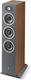 Sloupcový reproduktor Focal Theva N°2 v provedení Dark wood, pohled zepředu, 3 kulaté reproduktory, tmavý dřevěný kryt
