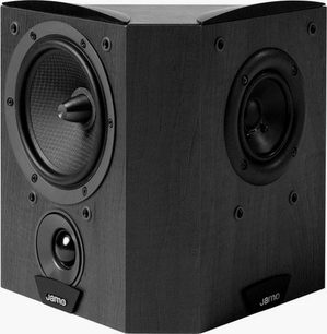 Jamo C60 SUR black speaker, front view, rectangular wooden enclosure, two circular woofers, one central tweeter