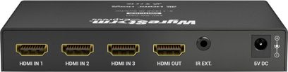 Wyrestorm SW-0301, HDMI-switch og -splitter med 3 indgange og 1 udgang, IR-forlængelse, 5V DC-strømforsyning, frontvisning