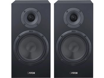 Sæt med Canton GLE 30 S2 sorte reolhøjttalere, frontpanel med diskant og stor cirkulær basenhed