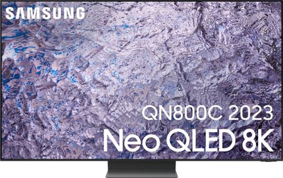 Samsung Neo QLED 8K QN800C-tv, der viser en abstrakt tekstur af knust is i lyseblå og hvid