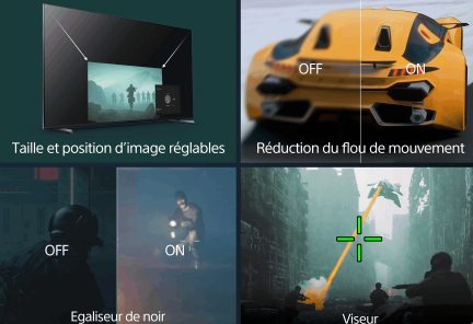 Écran noir avec image ajustable, voiture jaune floue à droite, scène sombre avec personnage éclairé, viseur vert sur fond urbain