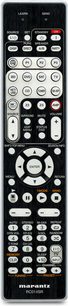 Sort Marantz RC014SR fjernbetjening med flerfarvet knapper og LCD-skærm, set forfra