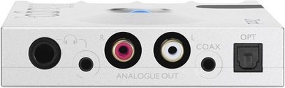 Chord Electronics Hugo 2 hõbedane kaasaskantav audiokonverter, tagakülg analoog- ja optiliste audioühendustega, USB-port
