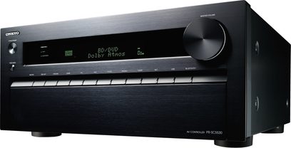 Domácí kino předzesilovač Onkyo PR-SC5530 černý, přední panel s displejem, tlačítky a ovládacím kolečkem, USB port a sluchátkový výstup