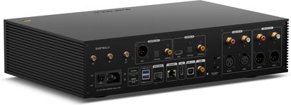 Leitor de áudio em rede EverSolo DMP-A8 Gen 2 preto, vista traseira com conexões de áudio digitais e analógicas