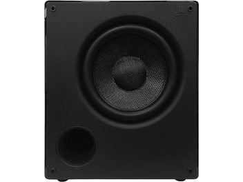 Sonance i12 zwarte subwoofer, vooraanzicht, ronde centrale luidspreker in een vierkante behuizing met afgeronde hoeken