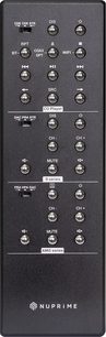 Дистанционно управление Nuprime NP-SYSREMOTE в черно с 21 кръгли сребристи бутона и бели надписи за аудио функции