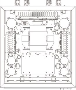 Detaljeret teknisk diagram af indersiden af en Technics SE-R1E-S lydforstærker set fra oven
