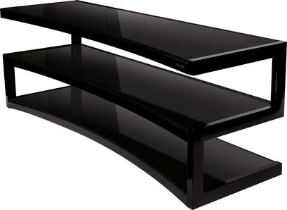 Norstone Esse Curve sort TV-møbel, 2 sorte glashylder, sort metalramme, perspektivisk forfra