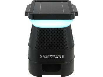 Bluetooth-højttaler Definitive Audio Solar Easyrider, set forfra, sort perforeret gitter, solpanel, blåt lys