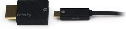 HDMI-kabler fra Celerity i forskellige længder, med forgyldte stik, rektangulære sorte kabinetter med hvidt logo
