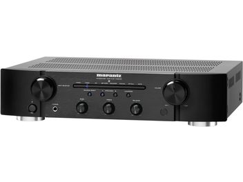 Стерео hi-fi усилвател Marantz PM6005 черен, изглед отпред, черен преден панел с бутони и жакове, черно метално шаси