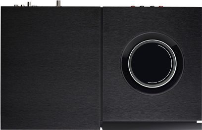 Naim Audio Uniti Star svart alt-i-ett høyttalersystem, forfra, svart høyttaler med rund kromfront