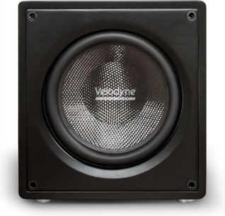 Velodyne VI-Q 10 subwoofer i sort, set forfra med cirkulær højttaler og tekstureret metalmembran