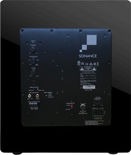 Sonance i10 svart subwoofer, framifrån, med synliga kontroller och anslutningar
