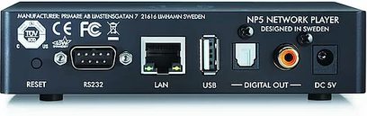 Primare NP5 Prisma sort netværksaudioafspiller, frontpanel med netværksforbindelser, USB og digital udgang, set forfra