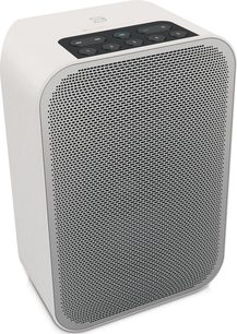 Trådløs tilsluttet højttaler BlueSound PULSE FLEX hvid set forfra, metalgitter, touch-knapper