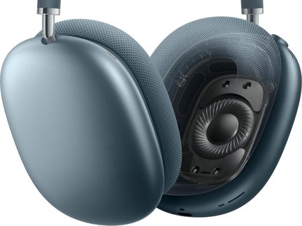 Blue Apple AirPods Max headphones, close-up view with mesh headband and ear cushion, earcup opened on driver