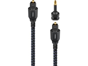 Audioquest Vodka optical digital cable with black and blue braided nylon jacket, black plastic Toslink connectors with gold-tipped metal points, and matching mini-Toslink adapter, three-quarter view