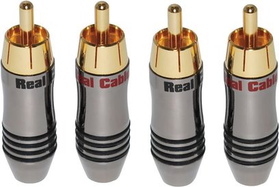 Fire sølvfarvede og guldfarvede RCA-stik fra Real Cable R6872 i metal med sorte striber, set forfra, lodret