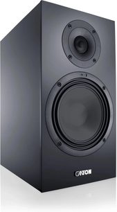 Diffusore da scaffale Canton GLE 30 S2 nero, vista di tre quarti, cabinet rettangolare con tweeter e grande woofer rotondi