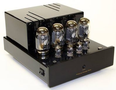 Zesilovač PrimaLuna ProLogue Seven černý, pohled zepředu, 4 zarovnané elektronky, ovládací knoflíky a konektory na čelním panelu