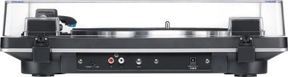 AT-LP70XBT sort, bagfra, gennemsigtigt låg, RCA-tilslutninger, phono/line omskifter, strømstik, sorte fødder