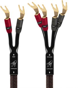 Audioquest Rocket 33 SBW højttalerkabel 2x2m med forgyldte gaffelstik, sorte og røde kapper, mærkater "AMP", "TREBLE" og "BASS".