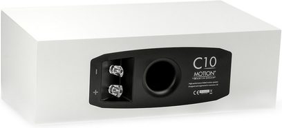 Centrale luidspreker Motion C10 in wit gelakt met zwarte achterpaneel, transparante aansluitklemmen en centrale ronde poort