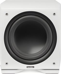 Caja de graves Paradigm Defiance S10 blanca, vista frontal, altavoz grande negro con borde de goma